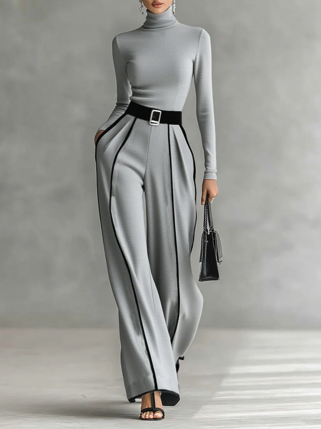 REFINED HIGH-NECK TOP & WIDE-LEG PANTS SET (FREE BELT)