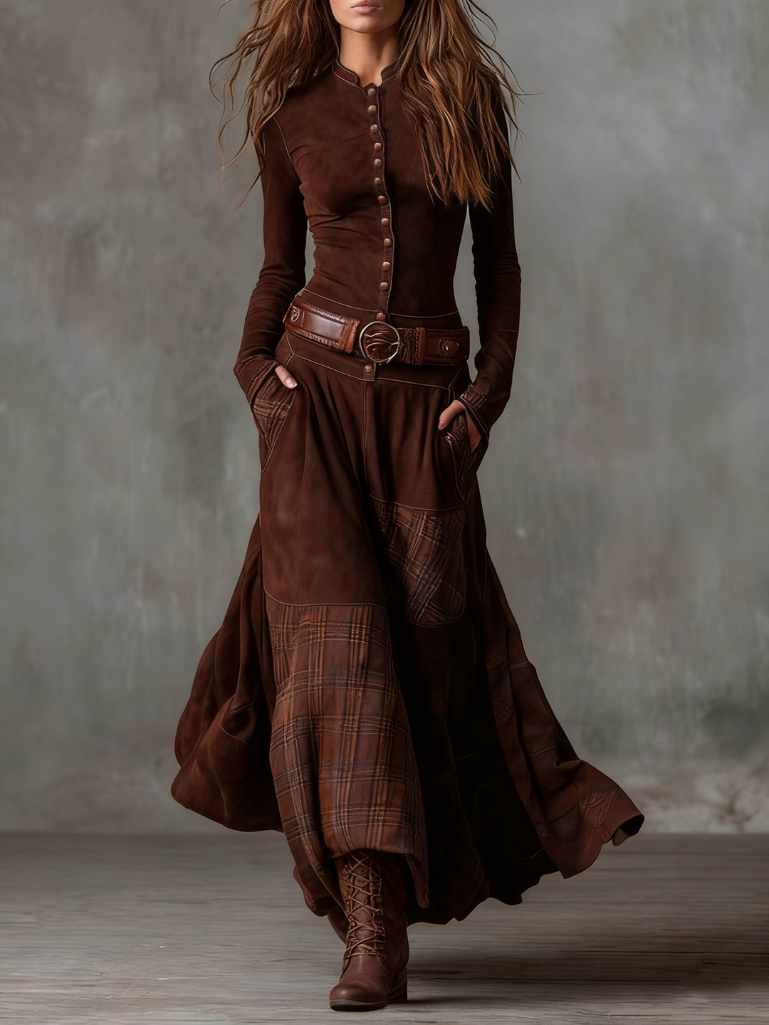 Avery™ Plaid Paneled Vintage Suede Maxi Dress(with free belt)