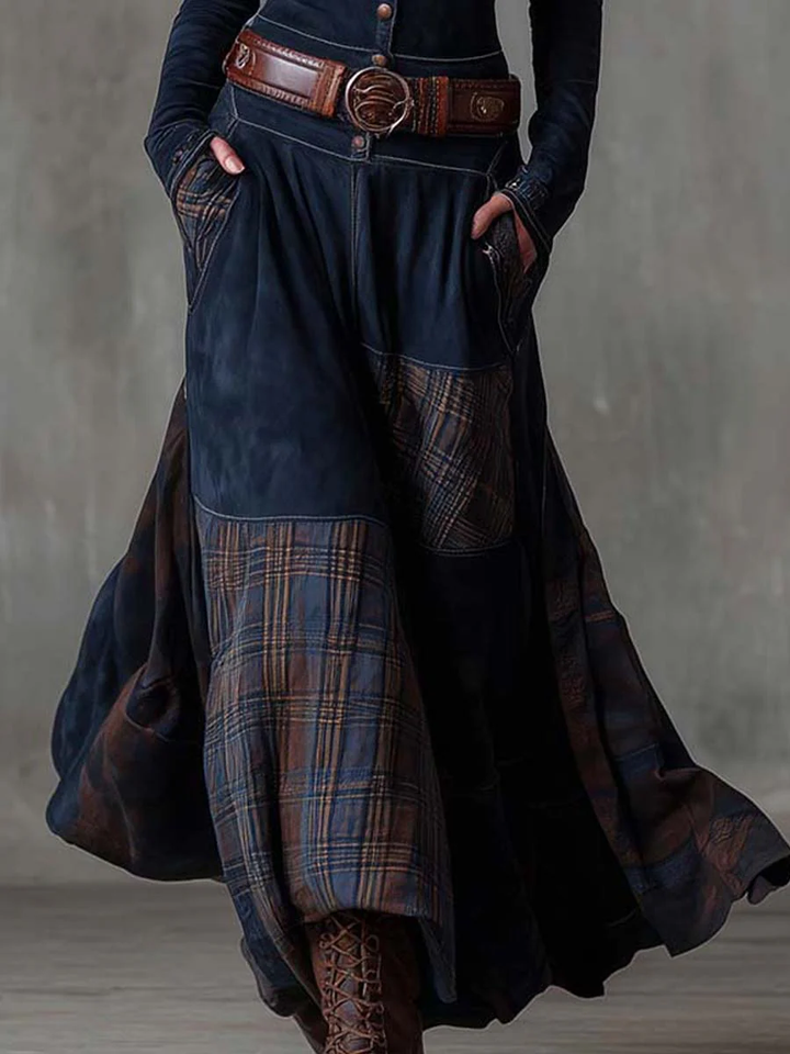 Avery™ Plaid Paneled Vintage Suede Maxi Dress(with free belt)