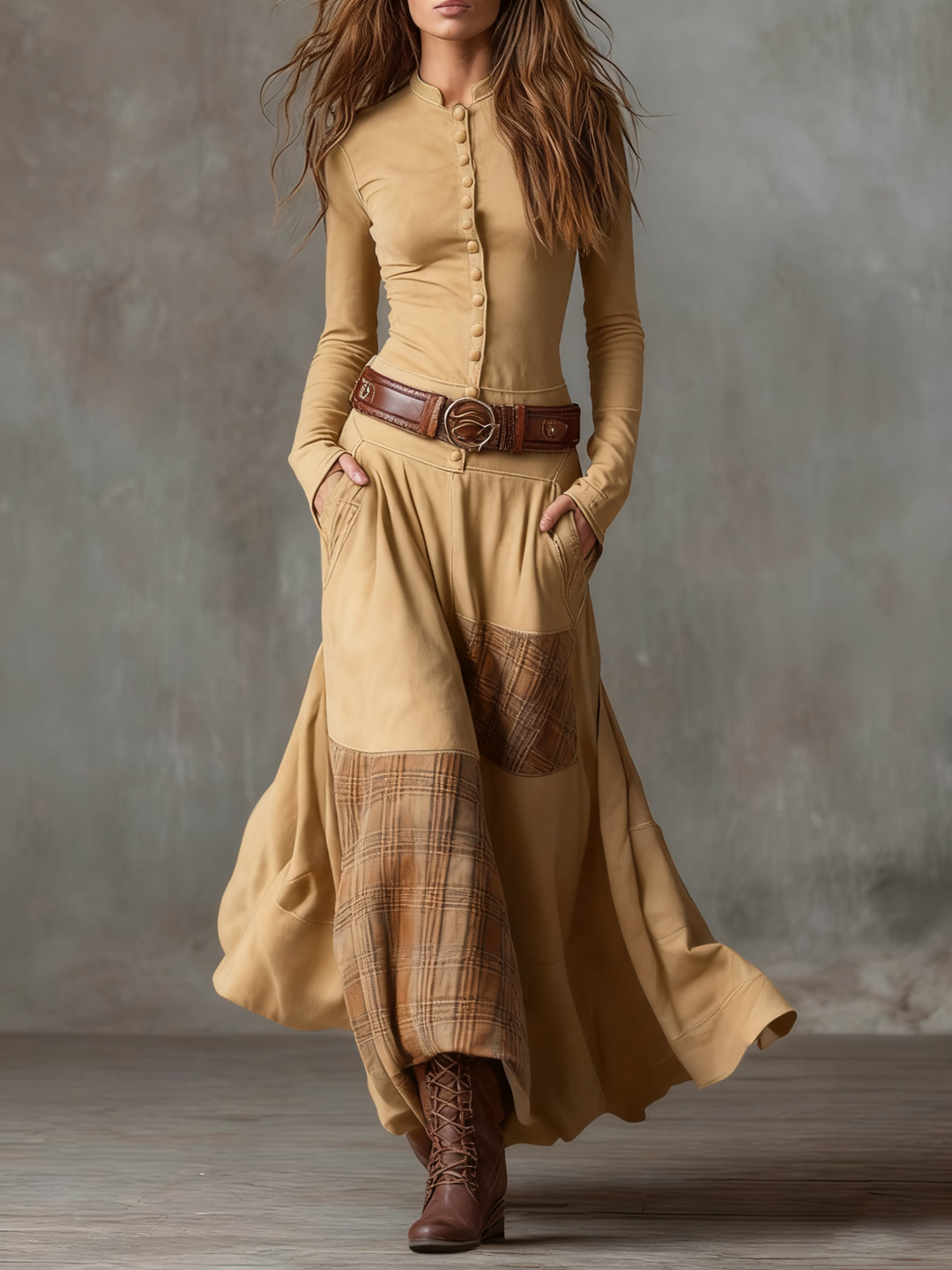 Avery™ Plaid Paneled Vintage Suede Maxi Dress(with free belt)