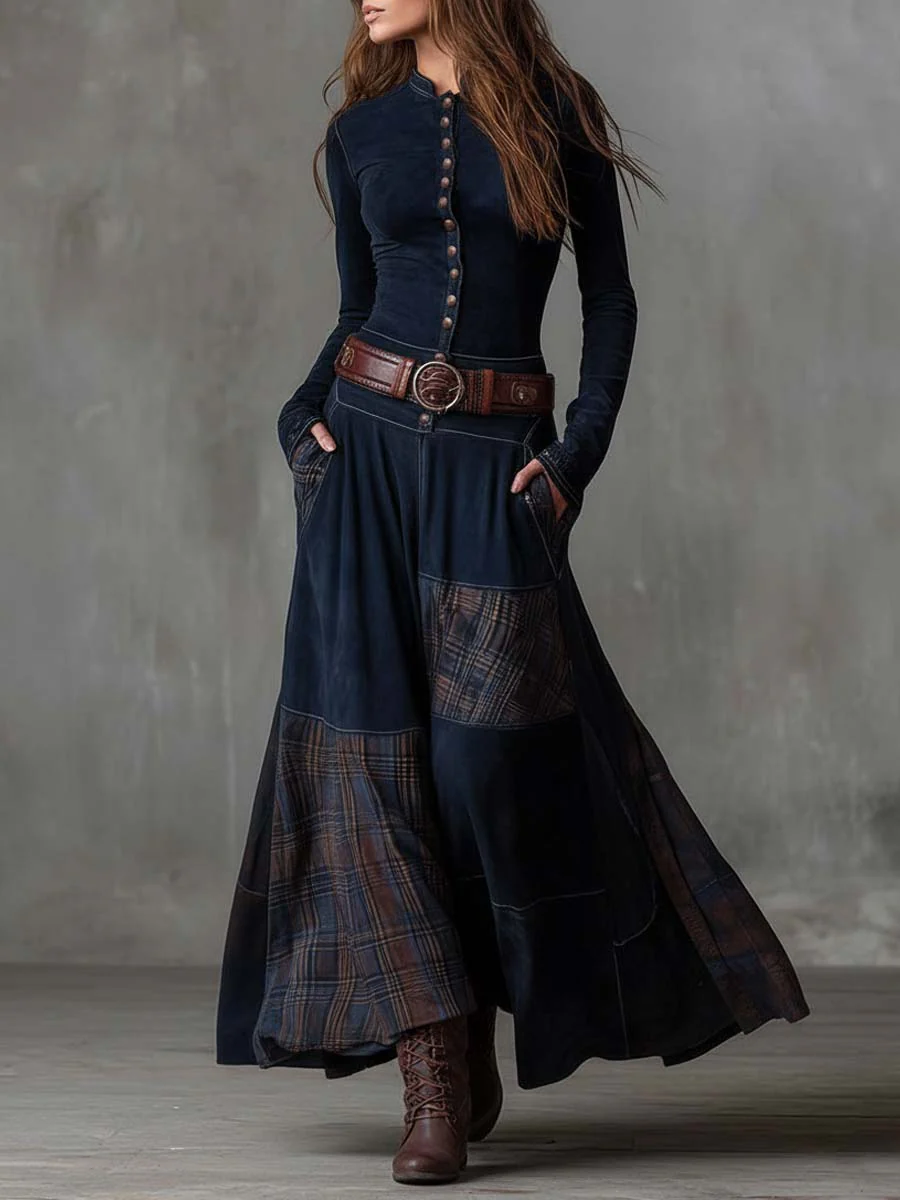 Avery™ Plaid Paneled Vintage Suede Maxi Dress(with free belt)